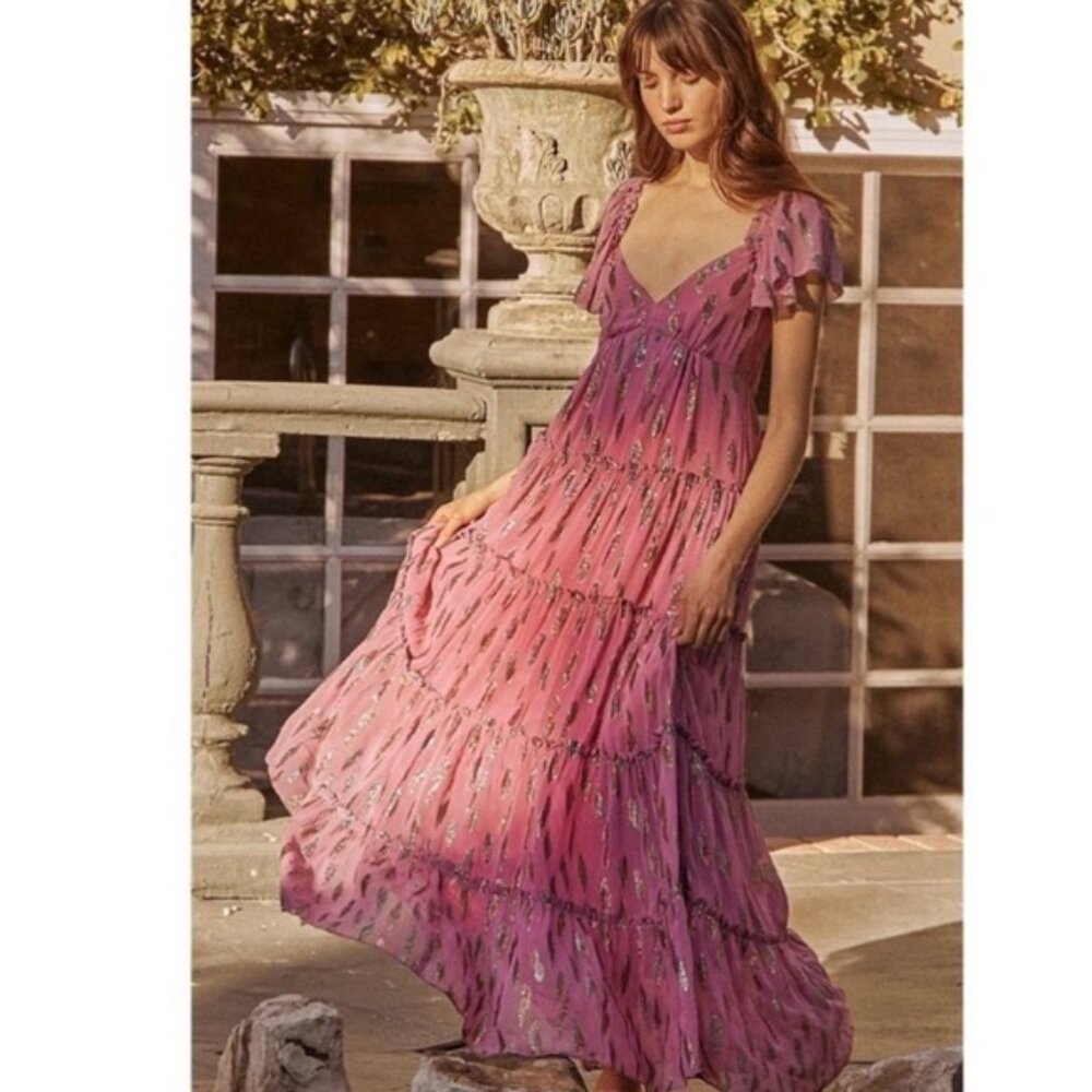 Saylor Kira Maxi Pink Metallic Feather Tiered Maxi Dress Size Small Boho Event